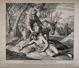 The good samaritan stops to help a wounded man who has been previously ignored by a priest and Levite. Wood engraving by Zscheckel. See page for author [CC BY 4.0 (http://creativecommons.org/licenses/by/4.0)], via Wikimedia Commons
